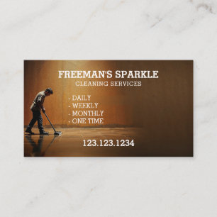 Modern Janitor Mopping Under Warm Light Business Card