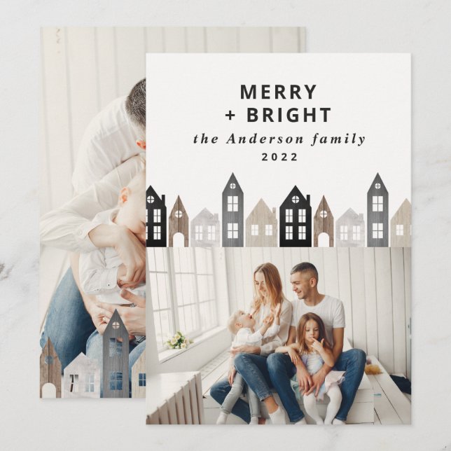 Modern Japan Christmas Nordic houses 2 photo chic Holiday Card (Front/Back)