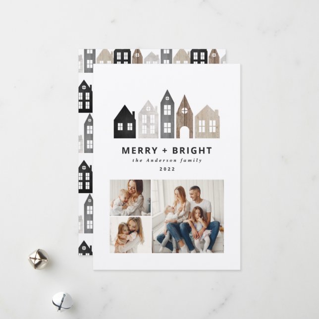 Modern Japan Christmas Nordic houses 3 photo chic  Holiday Card (Front/Back In Situ)