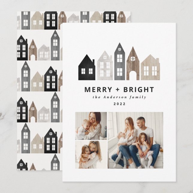 Modern Japan Christmas Nordic houses 3 photo chic  Holiday Card (Front/Back)