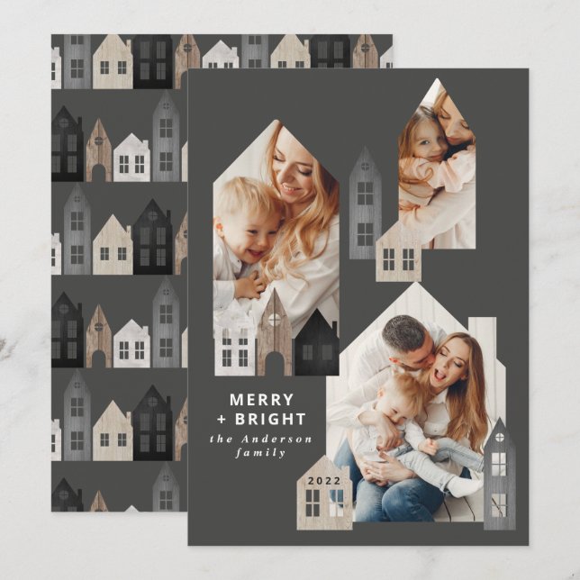 Modern Japan Christmas Nordic houses 3 photo chic  Holiday Card (Front/Back)