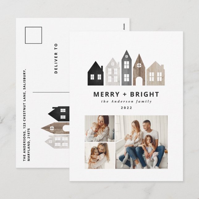 Modern Japan Christmas Nordic houses 3 photo chic  Holiday Postcard (Front/Back)