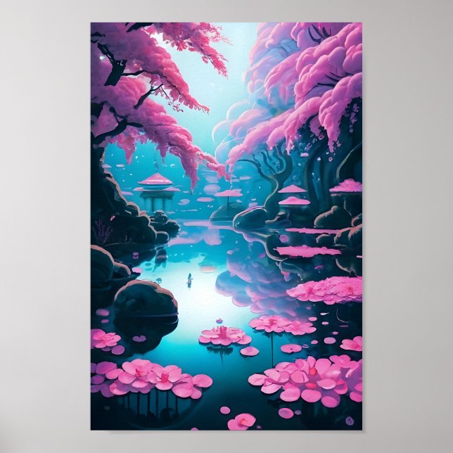 Modern Japanese Garden Cherry Blossoms Art Poster (Front)