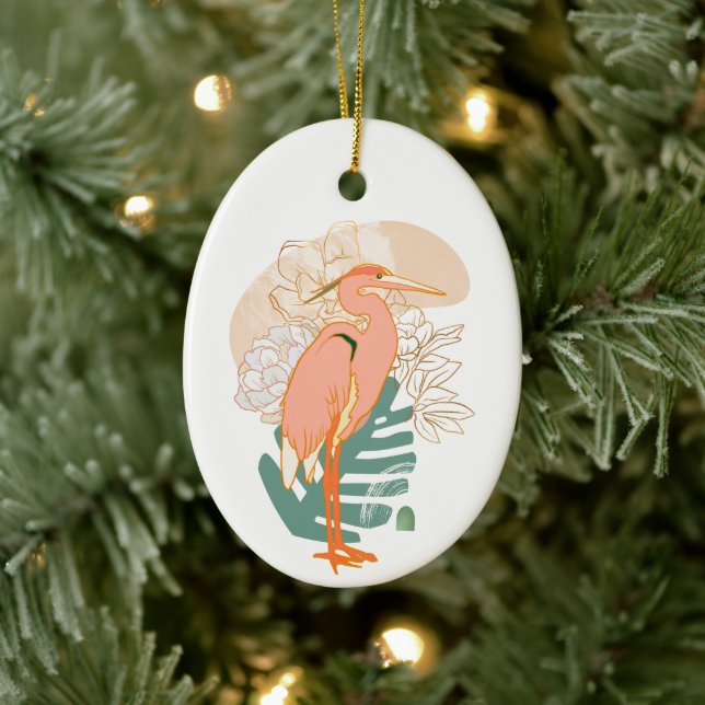 Modern Japanese Heron and Flowers Christmas Ceramic Tree Decoration (Tree)