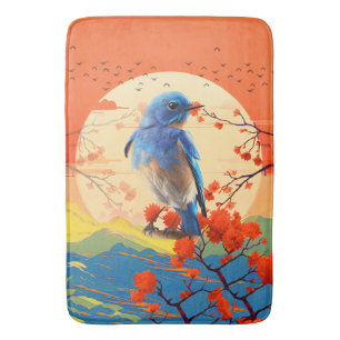 Modern Japanese Nature Bird In Blossom Scenery Bath Mat