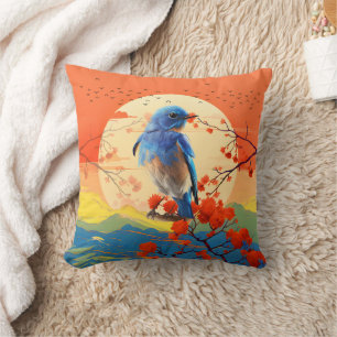 Modern Japanese Nature Bird In Blossom Scenery Cushion