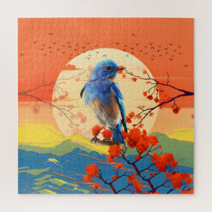 Modern Japanese Nature Bird In Blossom Scenery  Jigsaw Puzzle