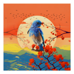 Modern Japanese Nature Bird In Blossom Scenery  Poster