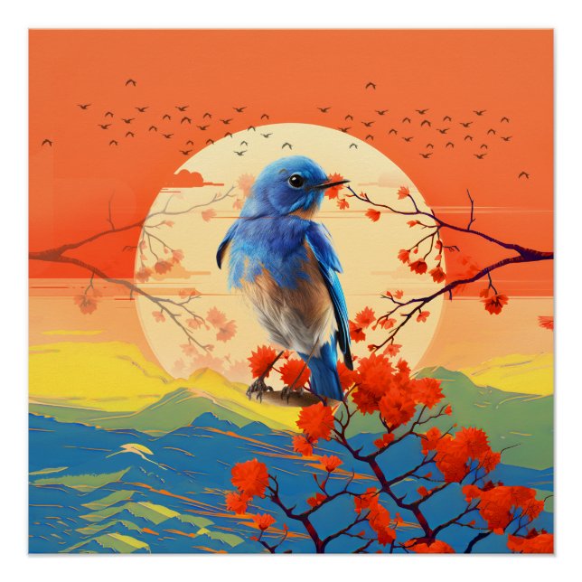 Modern Japanese Nature Bird In Blossom Scenery  Poster (Front)