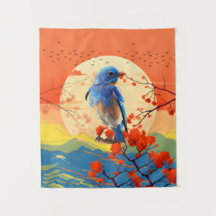 Modern Japanese Nature Bird In Blossom Scenery Tapestry