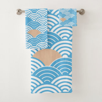 Modern Japanese Seigaiha Waves & Rising Sun  Bath Towel Set