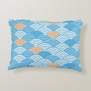 Modern Japanese Seigaiha Waves & Rising Sun Decorative Cushion