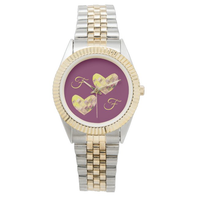 Modern Jewel Gem Pixel Yellow Plum Monogram Heart Watch (Front)