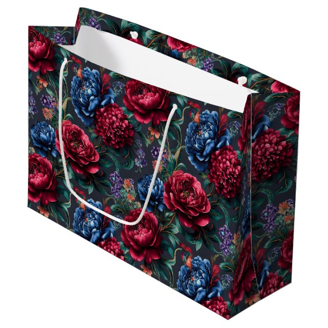 Modern Jewel-tone Floral Pattern Large Gift Bag (Front Angled)