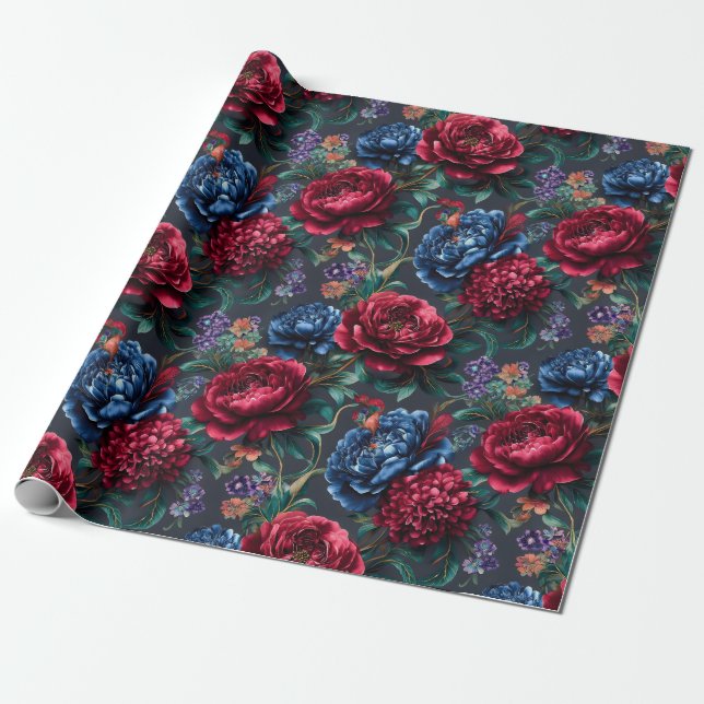 Modern Jewel-tone Floral Pattern Wrapping Paper (Unrolled)