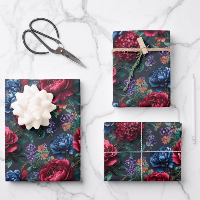 Modern Jewel-tone Floral Pattern Wrapping Paper Sheet (Front)