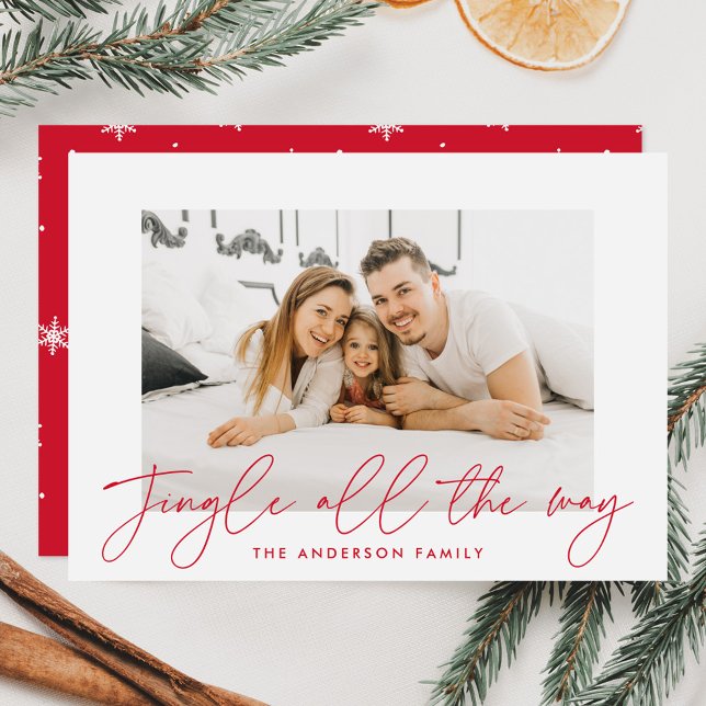 Modern Jingle All The Way Red Script Photo Holiday Card (Creator Uploaded)