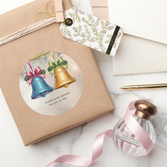 Modern Jingle Bells Christmas Ornament Baby Shower Classic Round Sticker (Gifting)