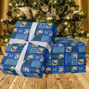 Modern JOY Chic Cool Dark Blue 3 Photo Collage Wrapping Paper