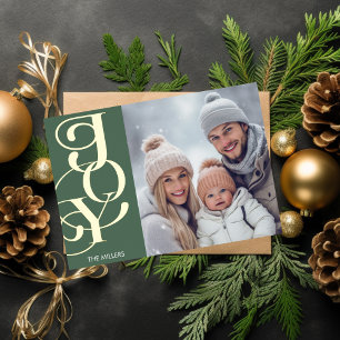 Modern Joy Elegant Typography Green Minimal Photo Foil Holiday Card