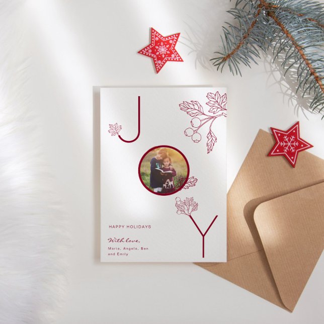Modern Joy Holiday Photo Foliage Red Card (Creator Uploaded)