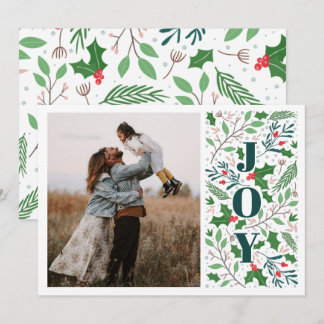 Modern JOY Holly Berries Photo Holiday Card