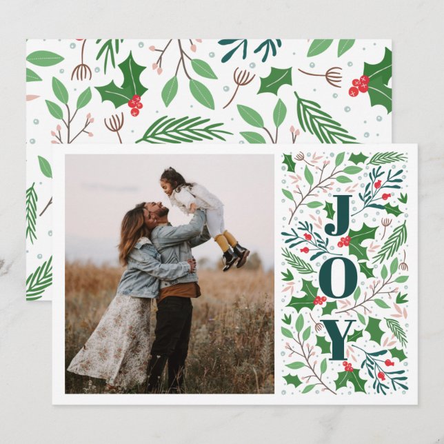 Modern JOY Holly Berries Photo  Holiday Card (Front/Back)