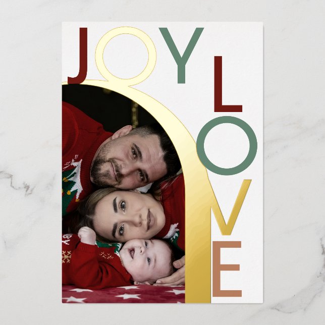 Modern Joy & Love Photo Foil Holiday Card (Front)