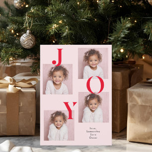 Modern JOY Photo Christmas Card   Red & Pink 