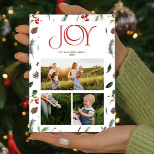 Modern Joy Red Berry Botanical 3 Photo Christmas Holiday Card