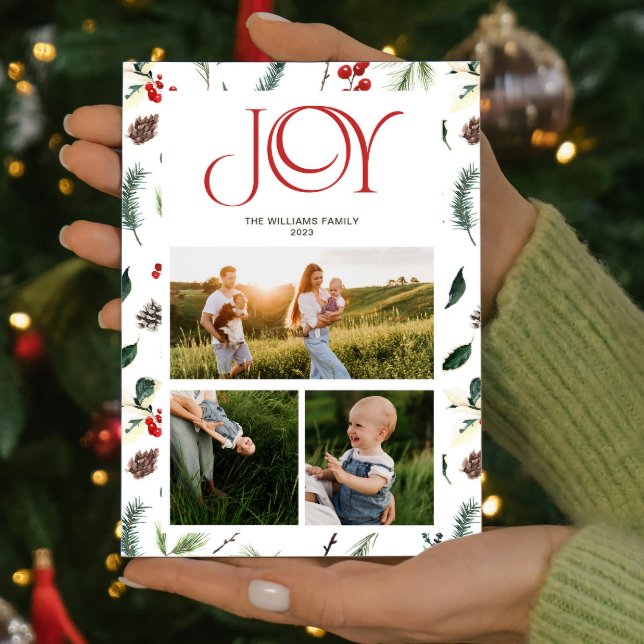 Modern Joy Red Berry Botanical 3 Photo Christmas Holiday Card (Spread some cheer and share your favorite moments with this one-of-a-kind holiday card. )