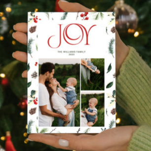 Modern Joy Red Berry Botanical 3 Photo Christmas Holiday Card