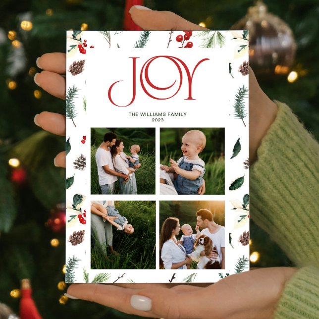 Modern Joy Red Berry Botanical 4 Photo Christmas Holiday Card (Spread some cheer and share your favorite moments with this one-of-a-kind holiday card. )