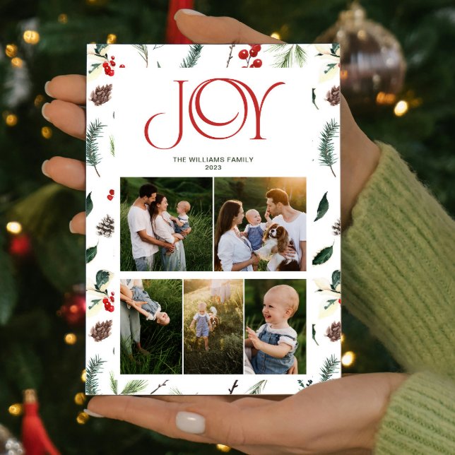 Modern Joy Red Berry Botanical 5 Photo Christmas Holiday Card (Spread some cheer and share your favorite moments with this one-of-a-kind holiday card. )