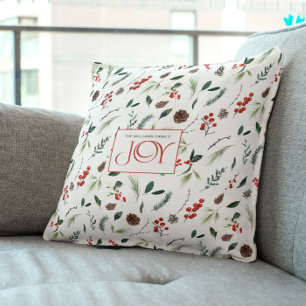 Modern Joy Red Berry Botanical Christmas Photo Cushion