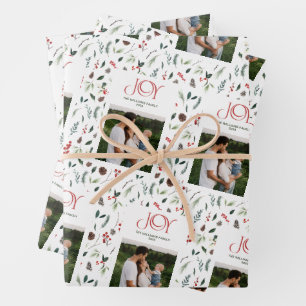 Modern Joy Red Berry Botanical Christmas Photo Wrapping Paper Sheet
