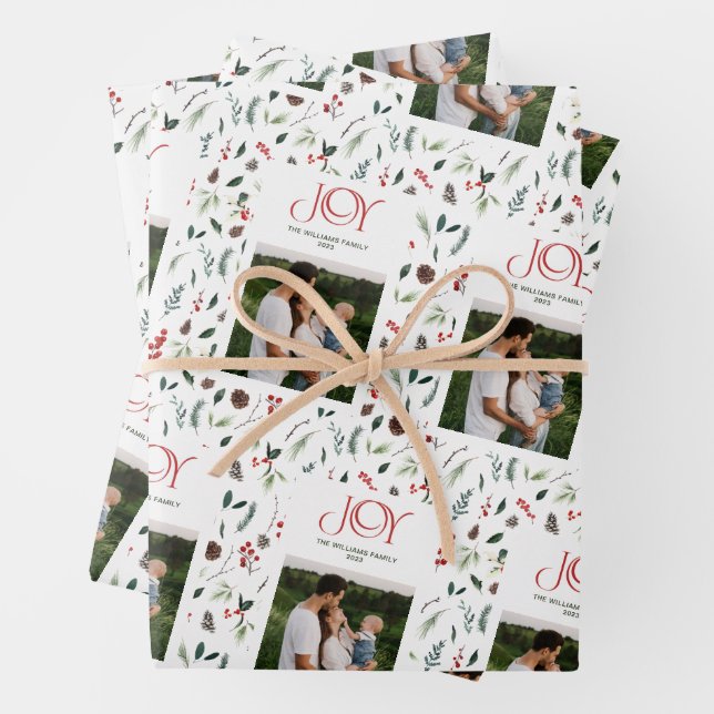 Modern Joy Red Berry Botanical Christmas Photo Wrapping Paper Sheet (In situ)