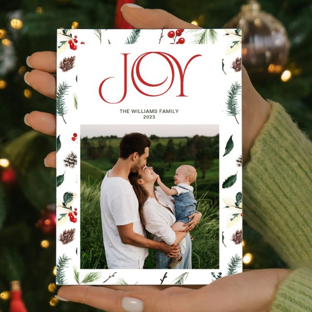 Modern Joy Red Berry Botanical photo Christmas Holiday Card (Spread some cheer and share your favorite moments with this one-of-a-kind holiday card. )
