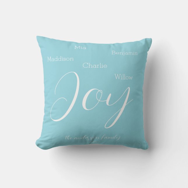 Modern Joy Script Personalised Family Holiday Cushion (Front)