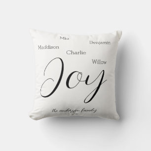 Modern Joy Script Personalised Family Holiday Cushion