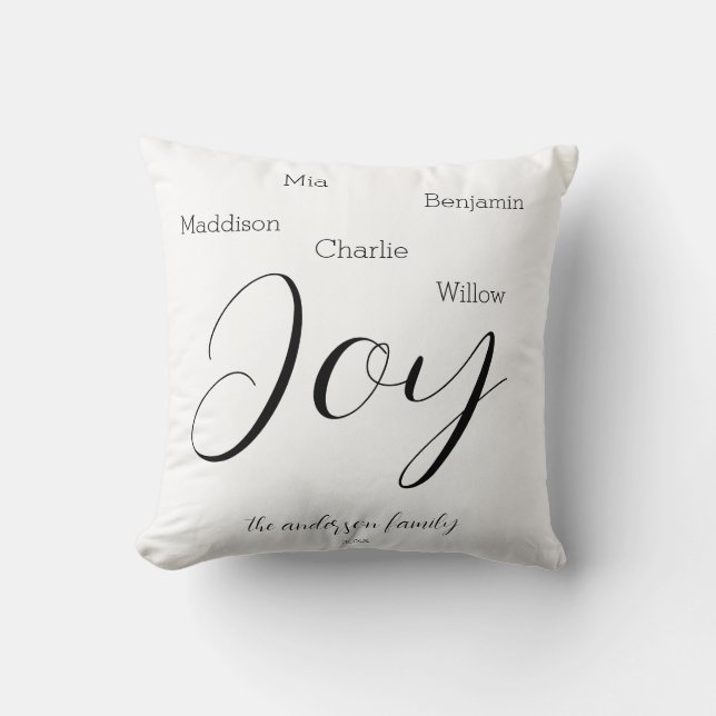 Modern Joy Script Personalised Family Holiday Cushion (Front)
