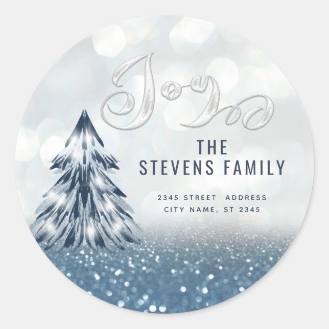 Modern  joy sparkling Christmas tree glittery Classic Round Sticker (Front)