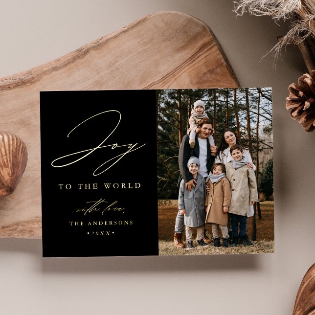 Modern Joy to the World Black Photo Foil Holiday Card (Creator Uploaded)