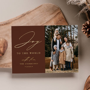 Modern Joy to the World Brown Photo Foil Holiday Card