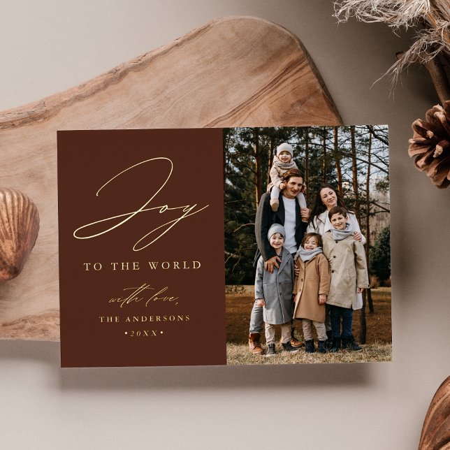 Modern Joy to the World Brown Photo Foil Holiday Card (Creator Uploaded)