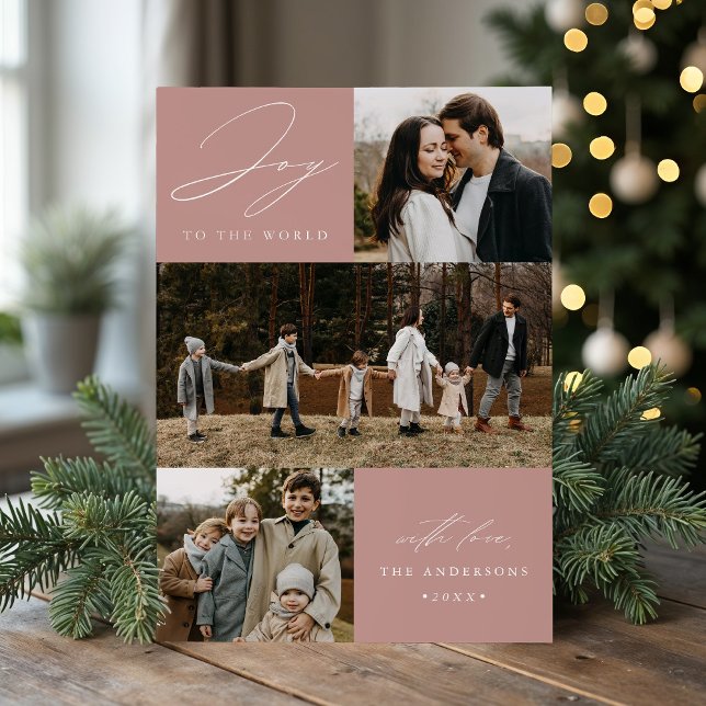 Modern Joy to the World Dusty Rose 4 Photo Holiday Card (Creator Uploaded)