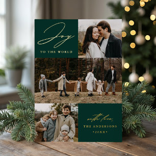 Modern Joy to the World Green 4 Photo Foil Holiday Card
