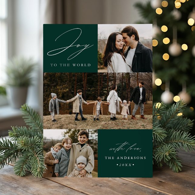 Modern Joy to the World Green 4 Photo Holiday Card (Creator Uploaded)