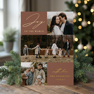 Modern Joy to the World Mocha Brown 4 Photo Foil Holiday Card