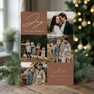 Modern Joy to the World Mocha Brown 5 Photo Foil Holiday Card